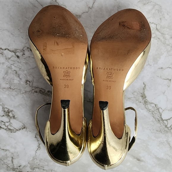Brian Atwood. Gold Metallic Leather, T Strap Pumps Heels - Picture 9 of 16